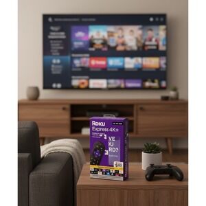 Roku Express 4K+ Streaming Media Player 4K HDR Voice Remote 3941RW Purple Box